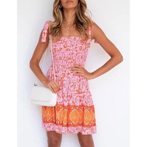 Boho Floral Smocked Mini Dress (Size M)